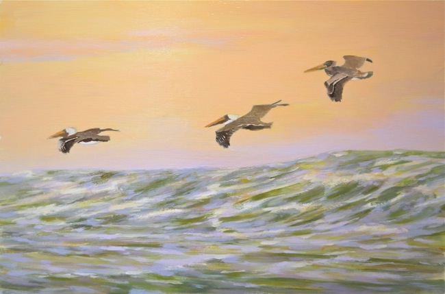 Pelicans cruising the coastline, WORK IN PROGRESS, by William R. Beebe