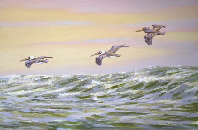 Pelicans Twilight Flight , by William R. Beebe, 12 x 18, oil on board, $2100
