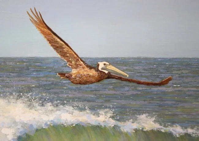 Riding the Wave by William R. Beebe, (detail shot), 12 x 20, Oil on board, SOLD