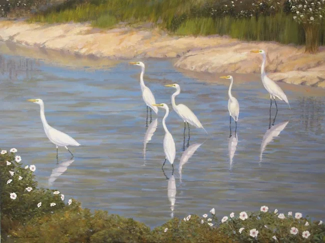 The Egrets and Mallows of Blackwater by William R. Beebe, 30 x 40, oil on canvas, $6500