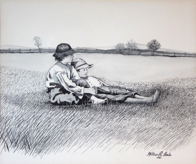 Boys in a Pasture by William R. Beebe, pen and ink, 1980