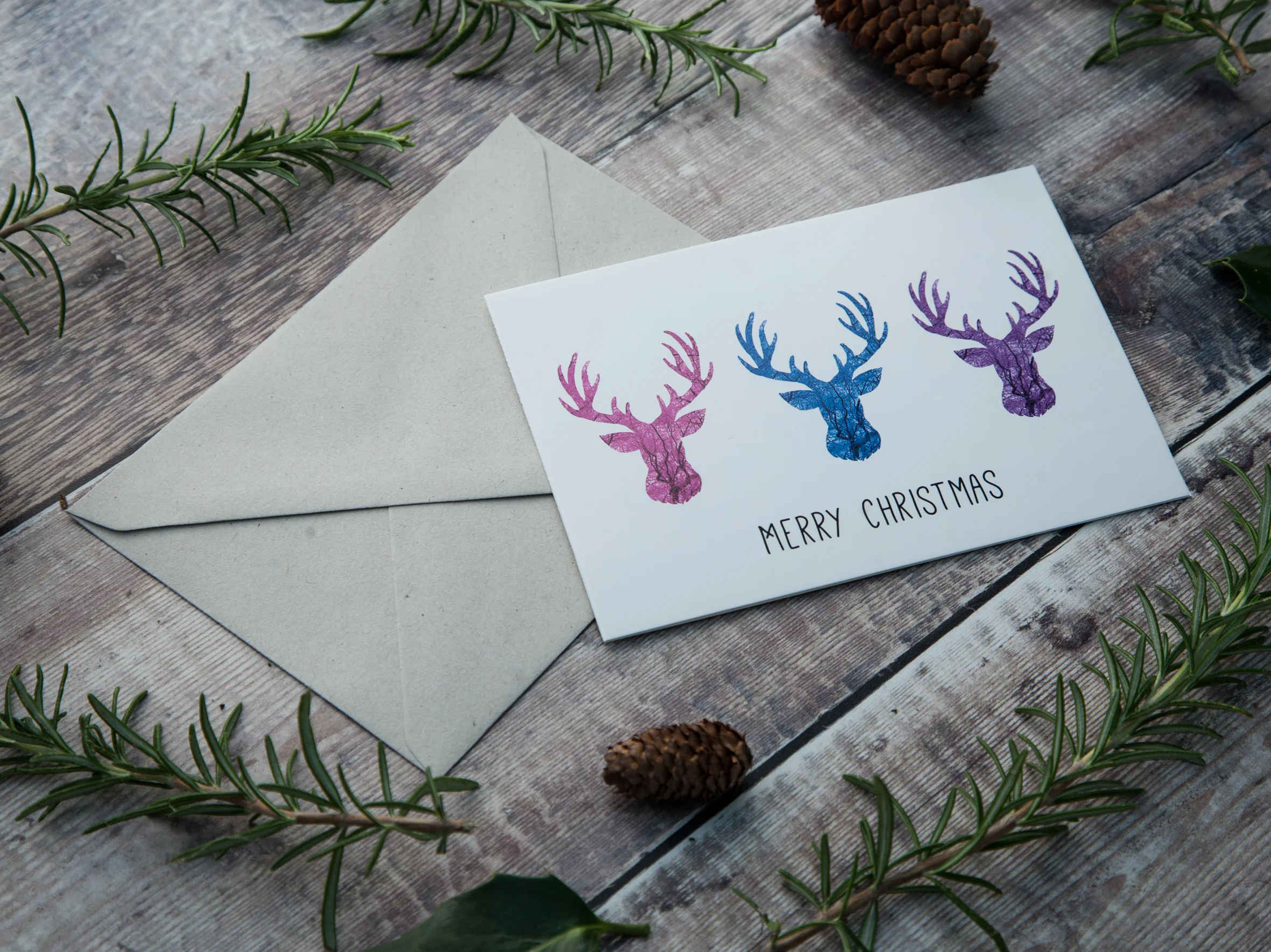 Pink, Blue & Purple Stag / Reindeer Christmas Cards