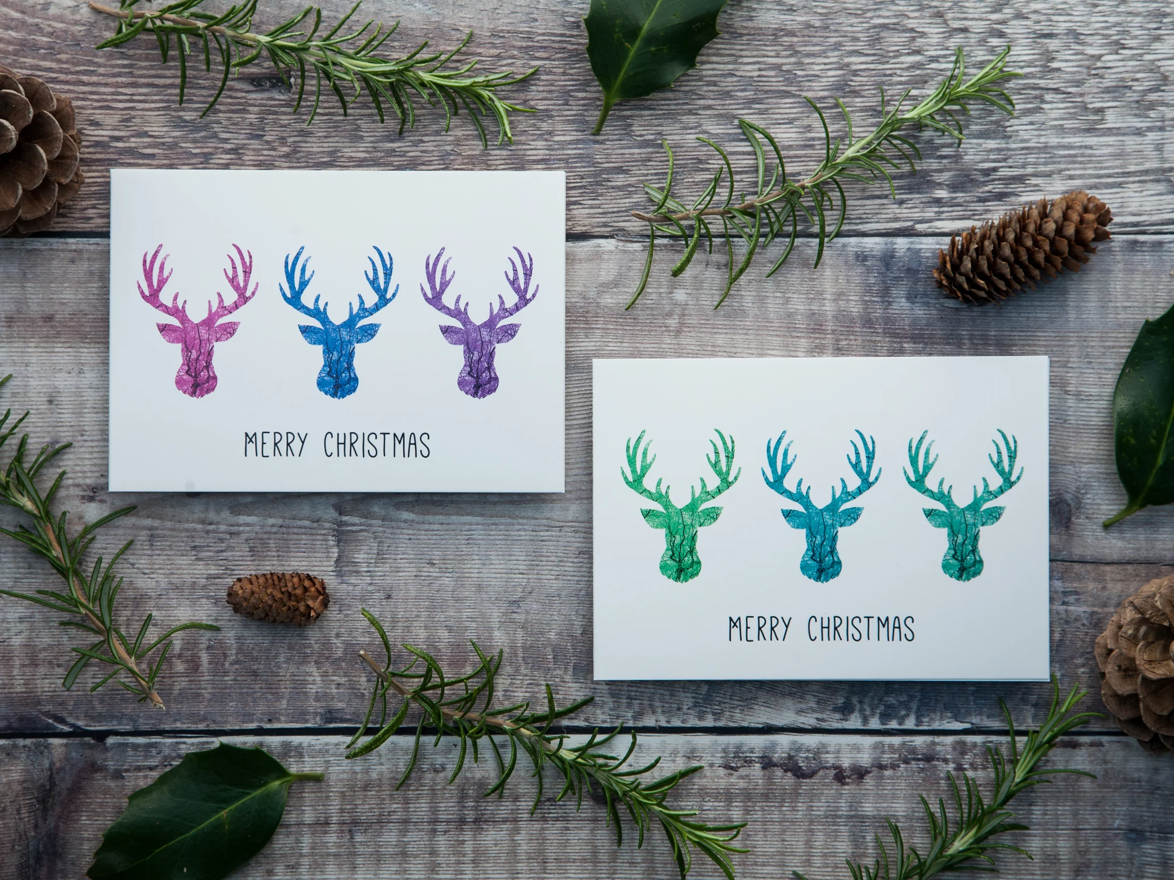 Pink, Blue & Purple Stag / Reindeer Christmas Cards