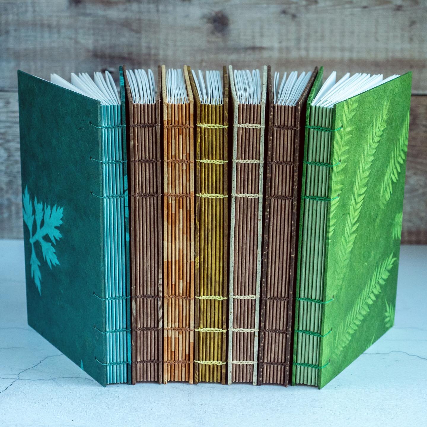 Today I&rsquo;m getting a batch of covers made for commissions, including lots of wedding books. Here are some nature themed coptic stitch sketchbooks 🍃 🍂 
.
#bookbinding #bookbinder #copticstitch #copticbinding #handbound #inspiredbynature_ #inspi