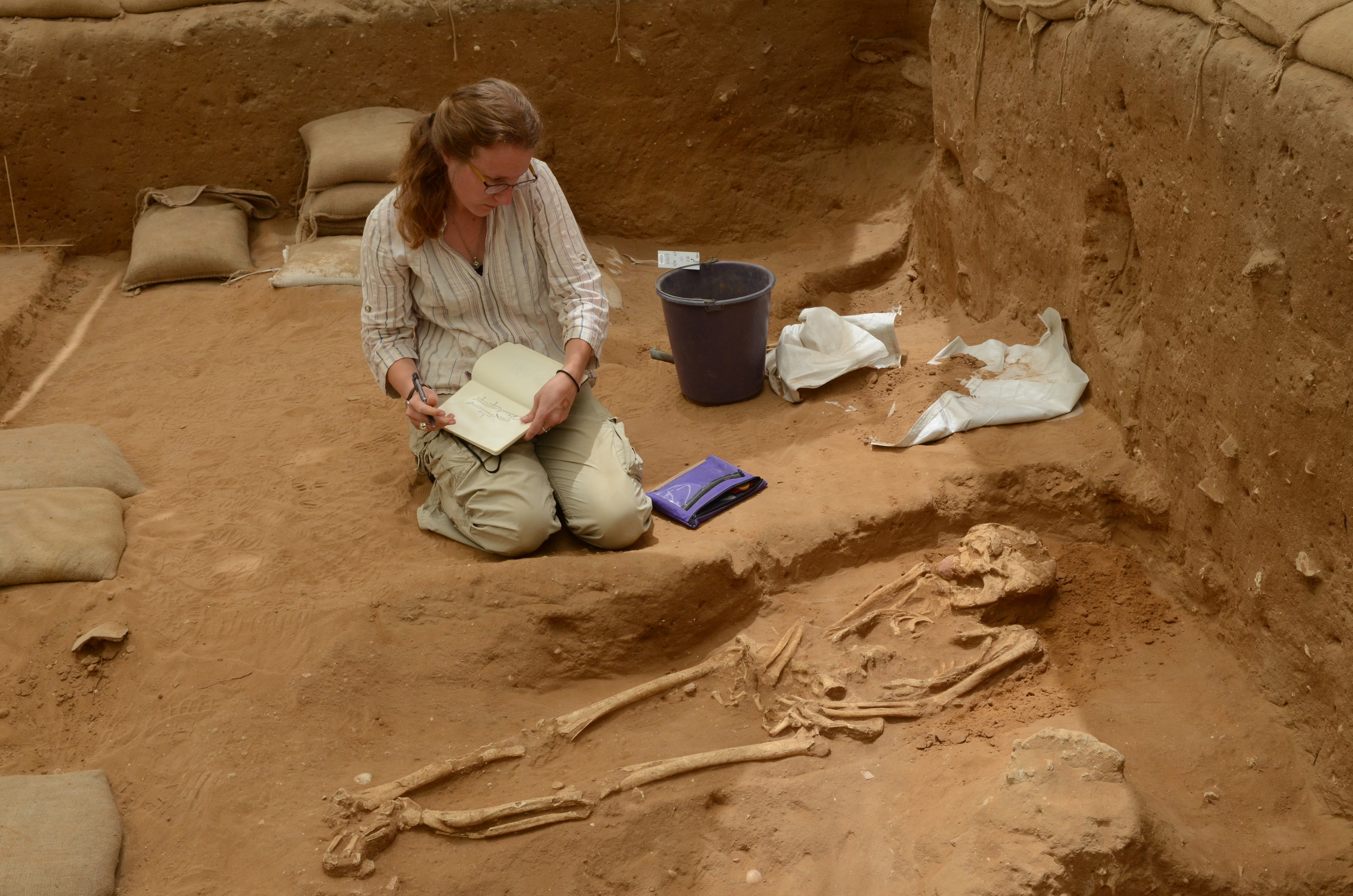  Member of the physical anthropology team examines a 10th-9th century BC burial during the excavation of thePhilistine cemetery by the Leon Levy Expedition to Ashkelon  ©Melissa Aja /Leon Levy Expedition 