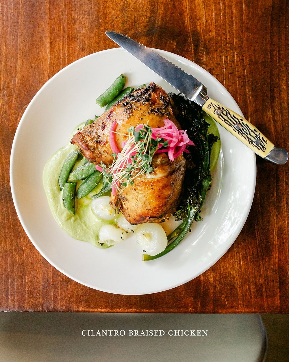 🌿 Our Cilantro Braised Chicken is as delicious as it is pretty to look at.

Tender Draper Valley chicken thighs (bone-in, skin-on) brined for 24 hours with rosemary, garlic and peppercorn, then slowly braised in a honey cilantro marinade until perfe