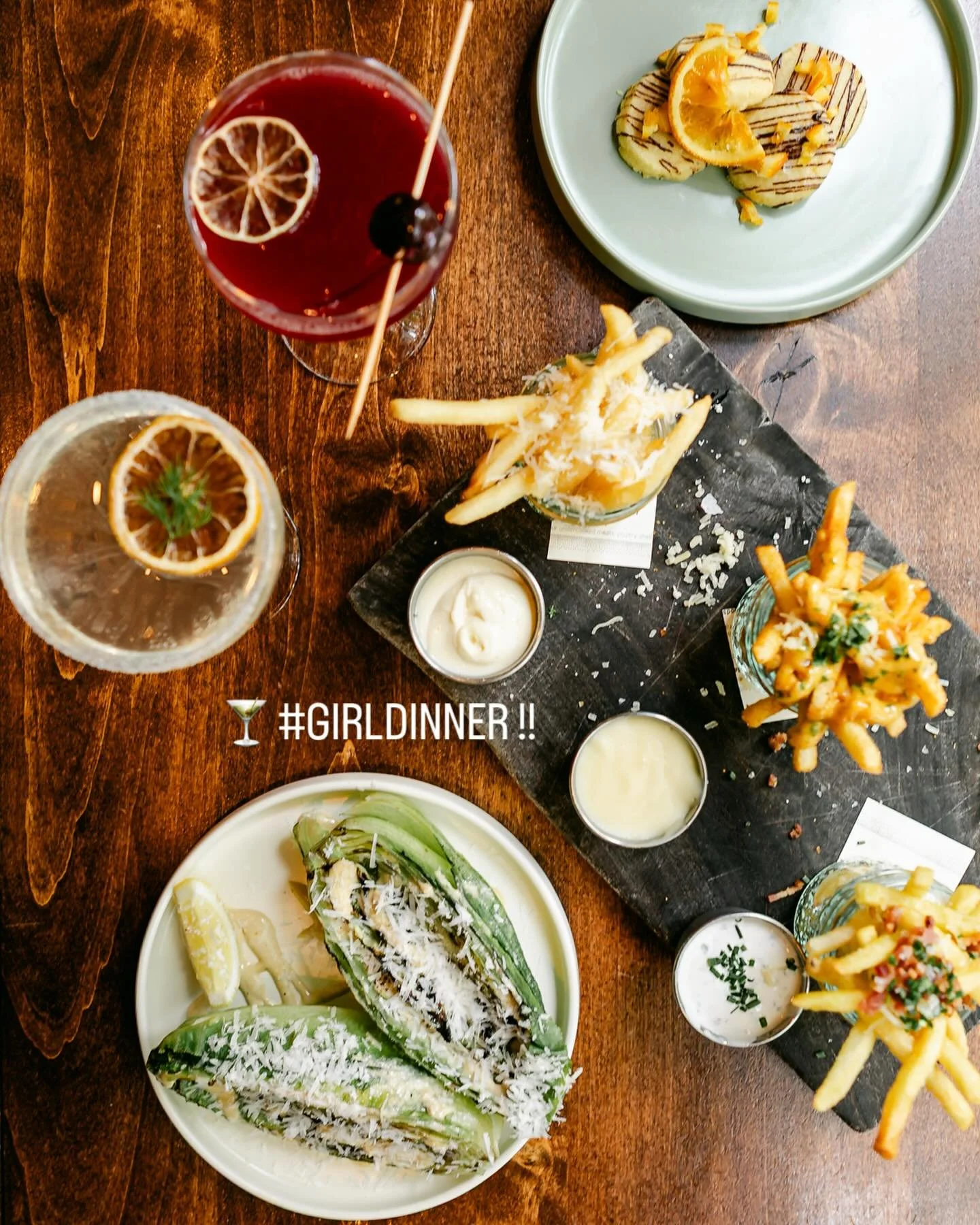 🍸 GIRL DINNER is here!! 

A playful, indulgent lineup created by the talented women of Fireside &mdash; featuring Two Martinis, a Fry Flight, a Grilled Caesar, and Orange Shortbread Cookies drizzled with dark chocolate.

Each dish and drink was craf
