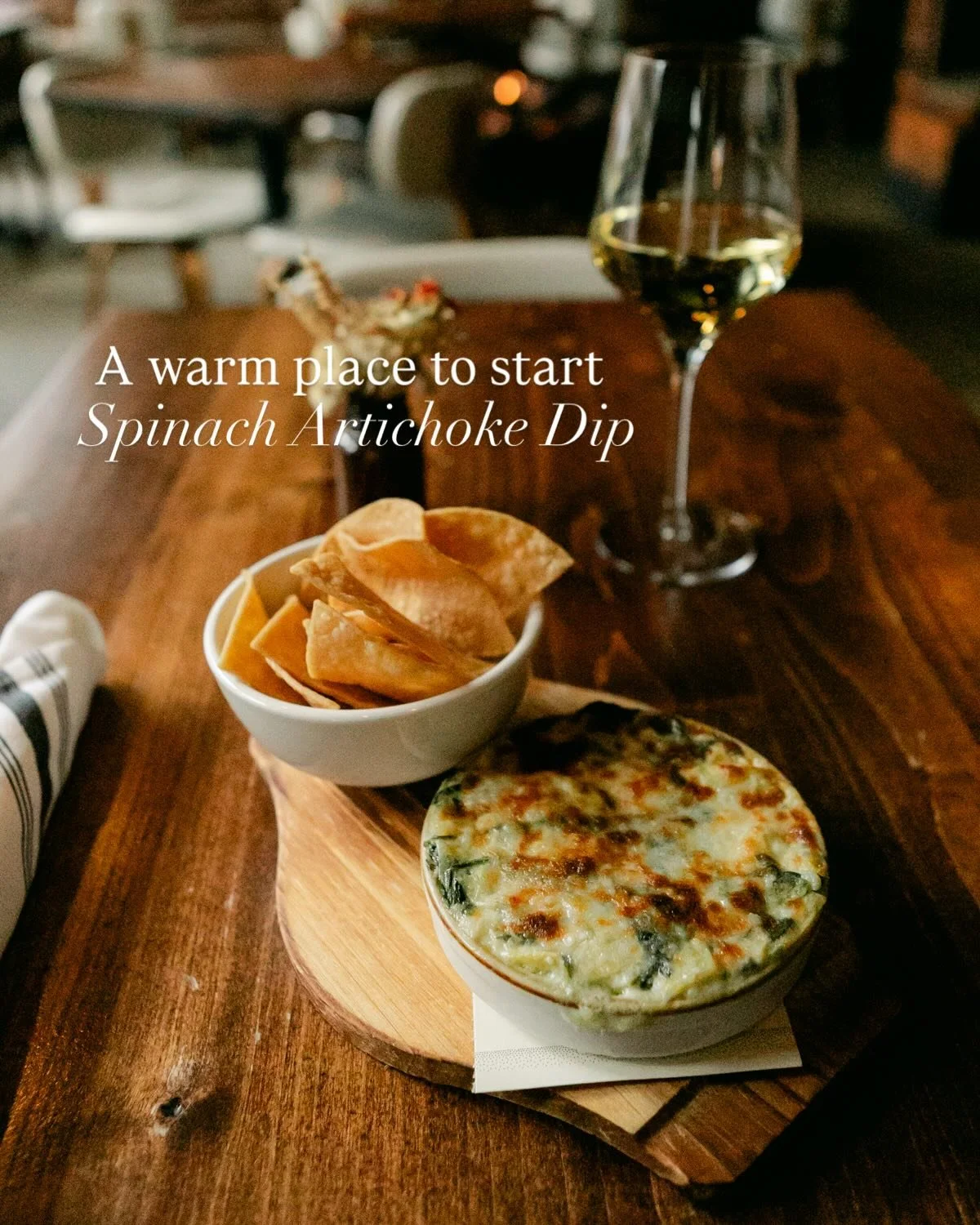 Mid-winter is here, and we&rsquo;re leaning into comfort.
Hearty dishes, warm drinks, and a reason to slow down for a moment.
Consider this your invitation to pause and settle in by the fire. 🔥

PHOTO 1: 
SPINACH ARTICHOKE DIP
Served hot, generously