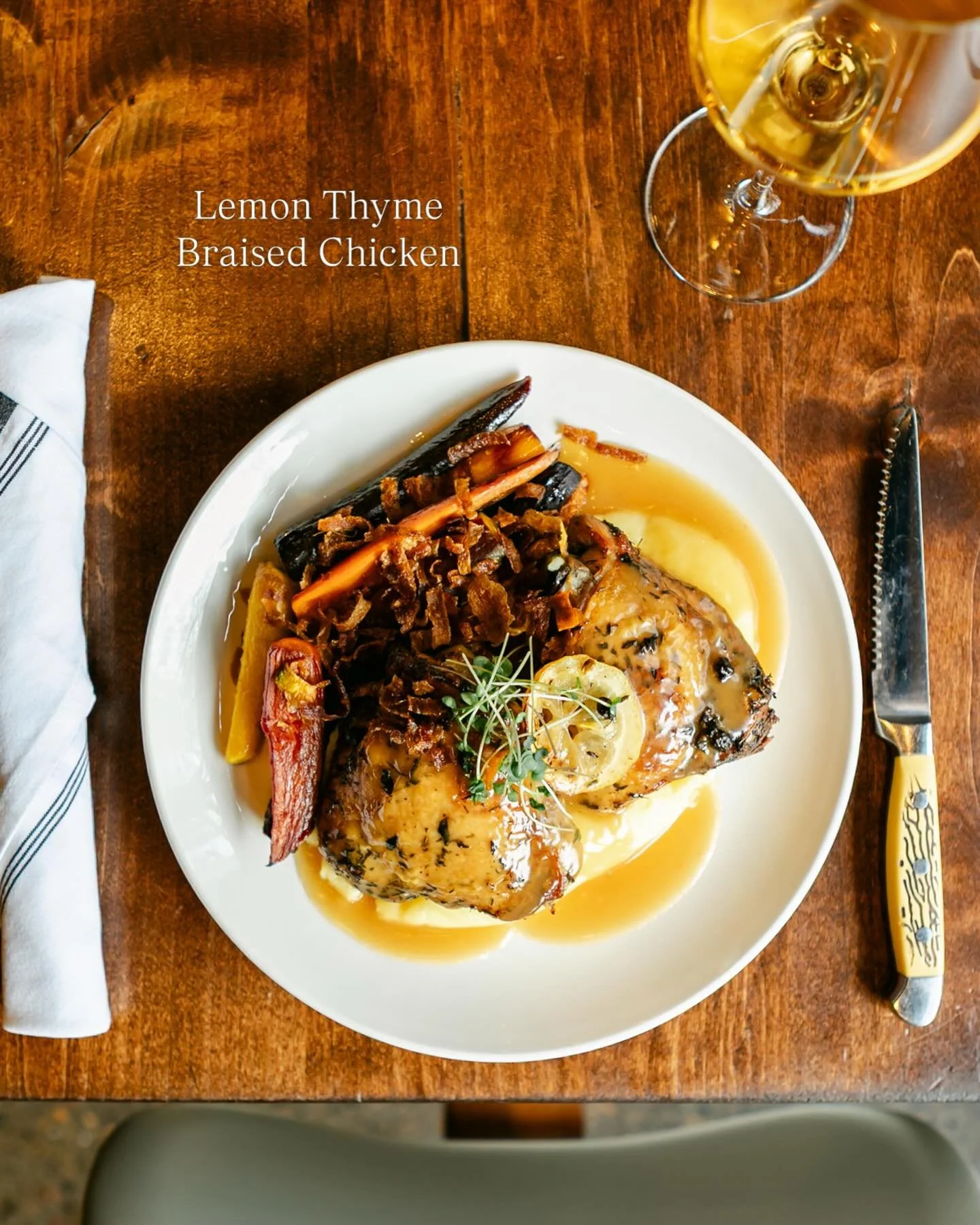 Still no snow at 23rd &amp; Johnson&hellip; but it&rsquo;s cold. ❄️
Warm up with our&nbsp;Lemon Thyme Braised Chicken. 
Tender Draper Valley chicken thighs slow-braised with bright lemon and fragrant thyme, served alongside roasted heirloom carrots, 