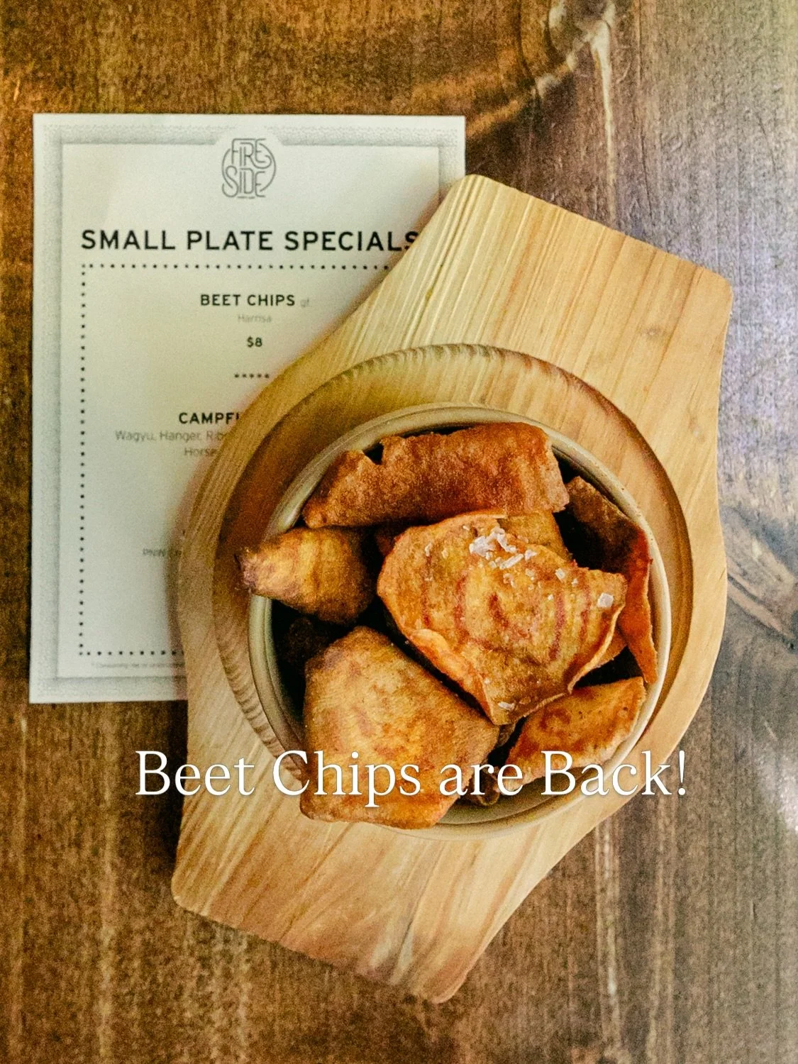 Beet Chips are back! 🎉

A longtime guest favorite has found its way back to Happy Hour.

Our housemade beet chips are seasoned with harissa and a pinch of salt. Crispy, savory, a little unexpected, and perfect alongside a cocktail, a local pint, or 