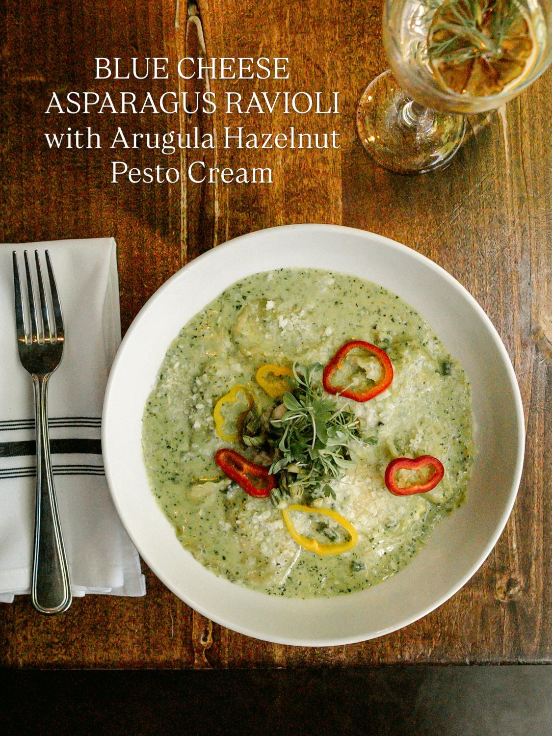 Ravioli meets martini. 🍸

New on the menu:&nbsp;BLUE CHEESE ASPARAGUS RAVIOLI with arugula hazelnut pesto cream, parmesan, sweet peppers, pickled asparagus, and microgreens.

Best paired with&nbsp;THE OLIVE BRANCH, our spin on the martini, served st