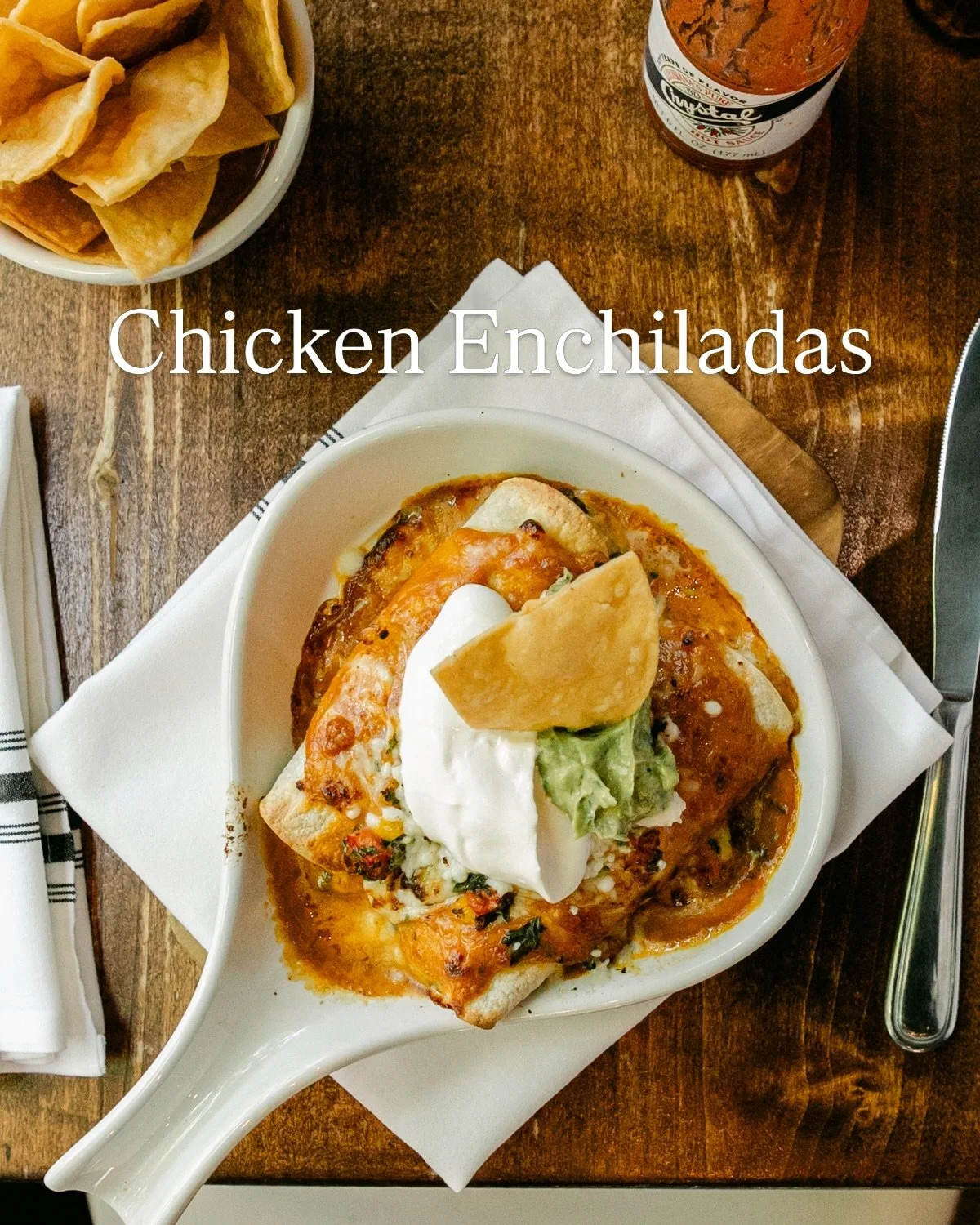 Morning, noon, or night, there&rsquo;s always a good reason for enchiladas. 🌶️

CHICKEN ENCHILADAS: Mild House Red Chili, Jack Cheese, Poblanos, Sour Cream, Guacamole, Salsa, House Tortilla Chips | GF Add an egg for brunch.

Scratch Margarita on the