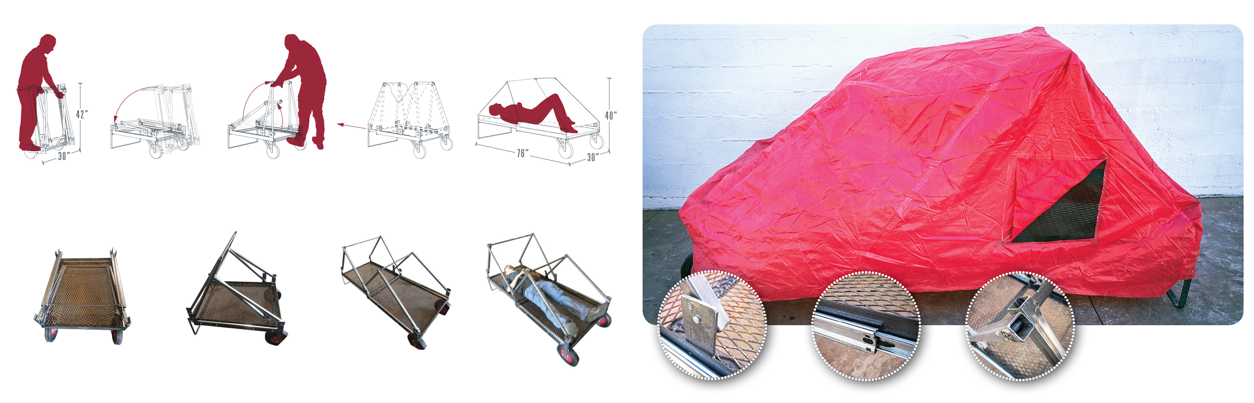 Diagrams of the collapsibility of the unit; and construction.