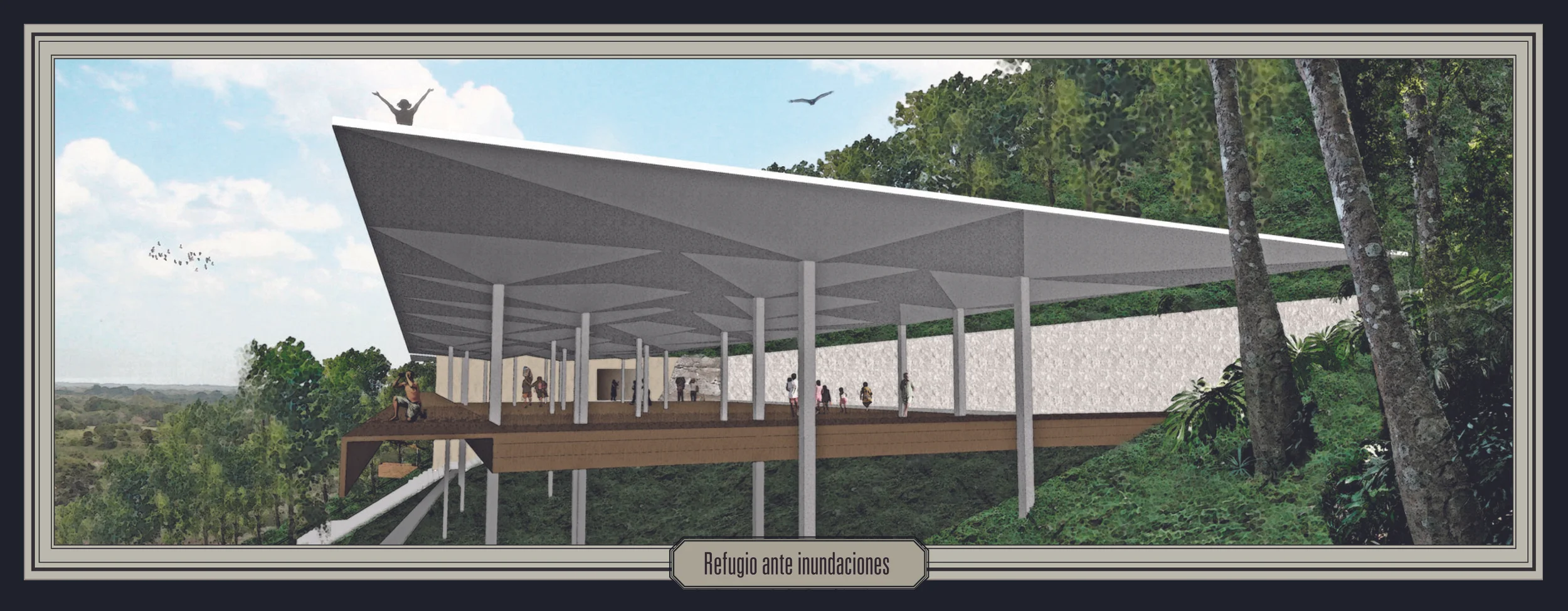 A view of the hillside flood refuge with roof observatory to watch storms build in distant skies above the hills.