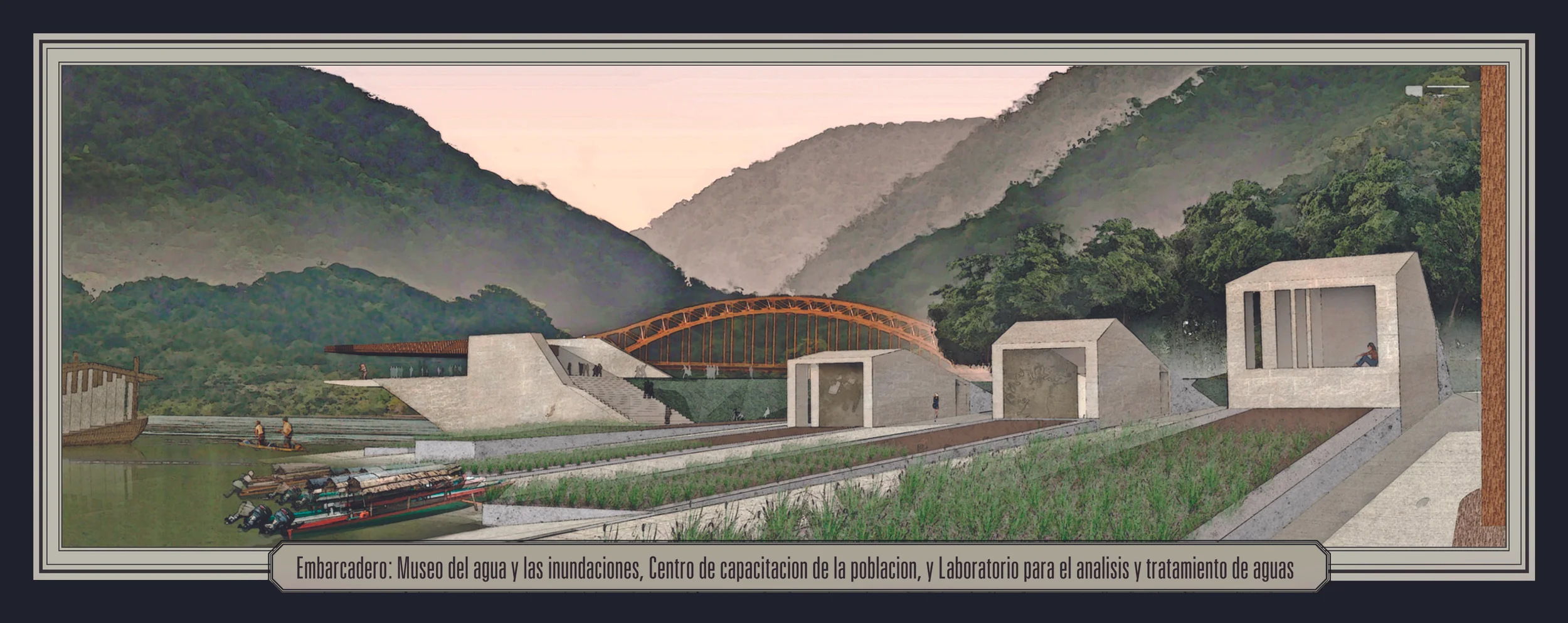 A view of the education center at the edge of the river. &nbsp;A cantilevered plane marks the highest flood point.