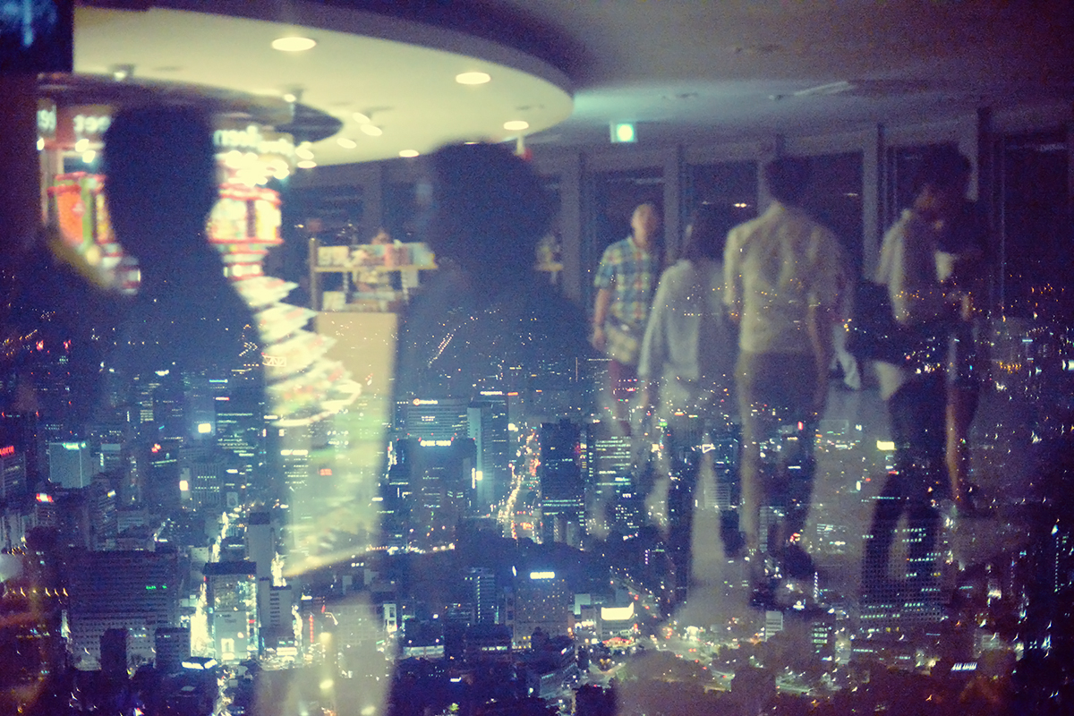 The view from inside N Seoul Tower and out