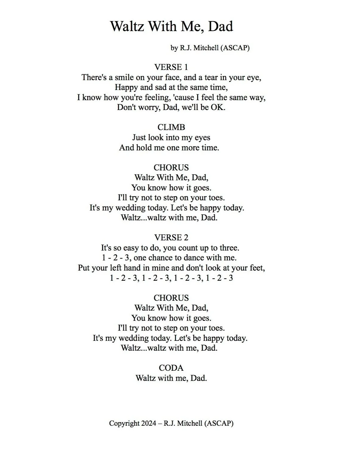 "Waltz With Me, Dad" Lyric Sheet