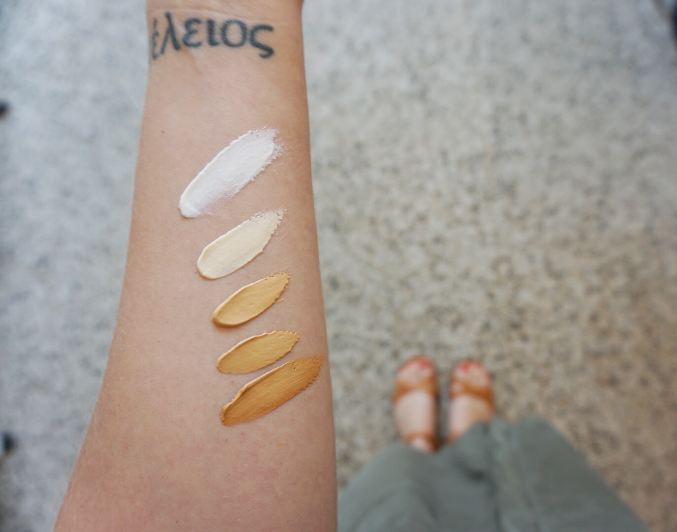 From top to bottom: Suntegrity's Untinted, Fair, Light, Golden Light, Medium Sunscreen.