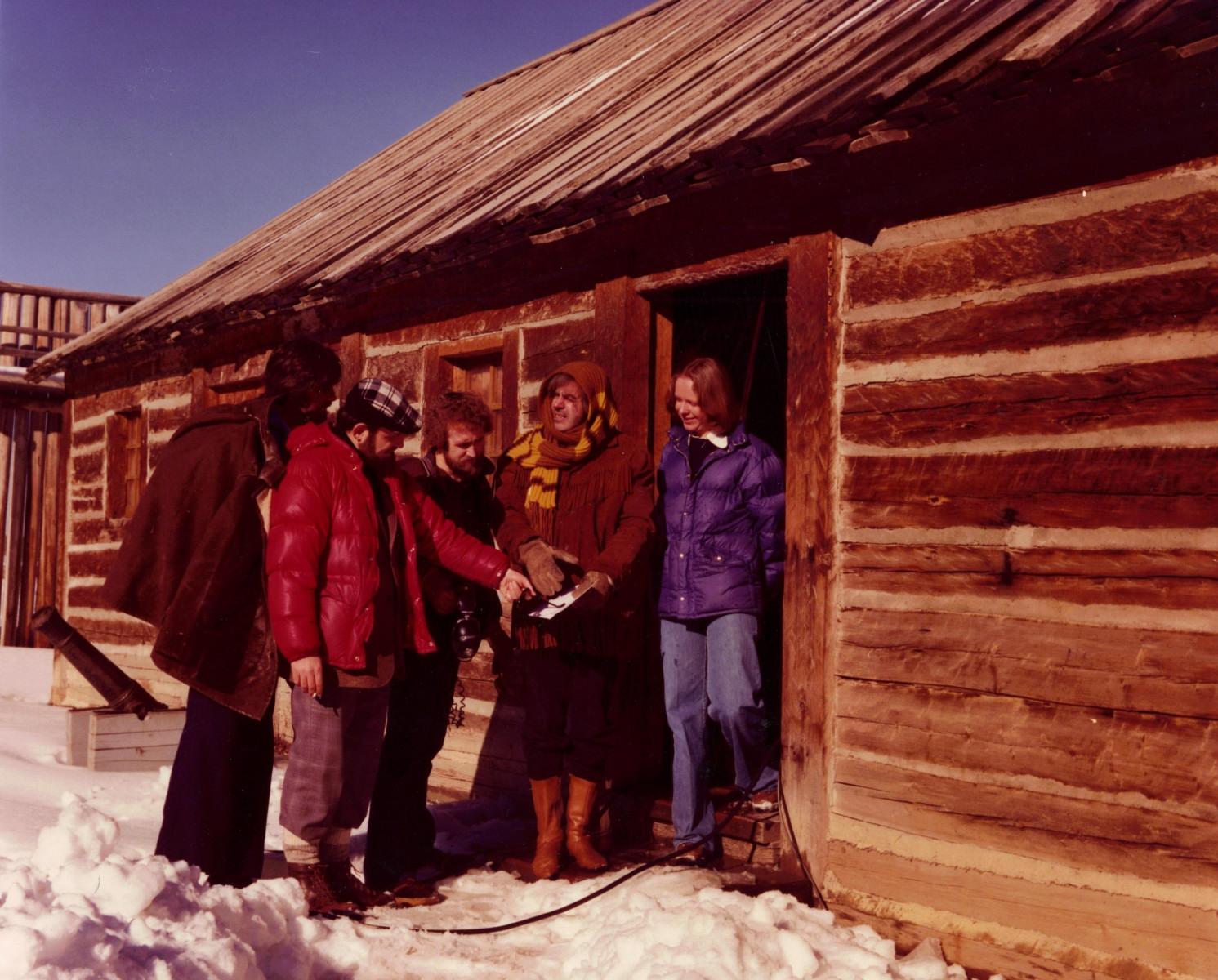 18_John Cairney with director, Paul Morris, (in red jacket) 'The Robert Service Story' CBC Calgary, Canada 1977.jpg