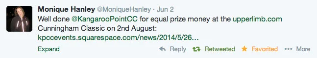 Monique Hanley, Executive Director of Cycling Victoria and Chairwoman of the Cycling Australia Women's Cycling Commission, congratulates the Club for offering equal prize money.