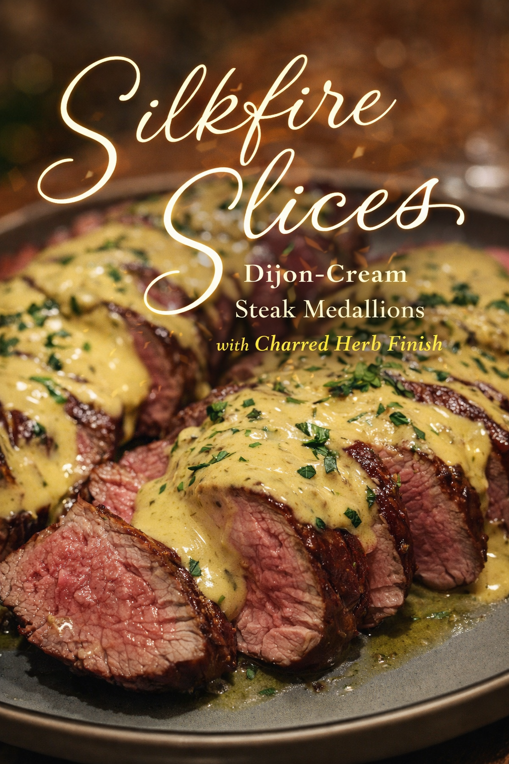 Silkfire Slices: Dijon-Cream Steak Medallions with Charred Herb Finish
