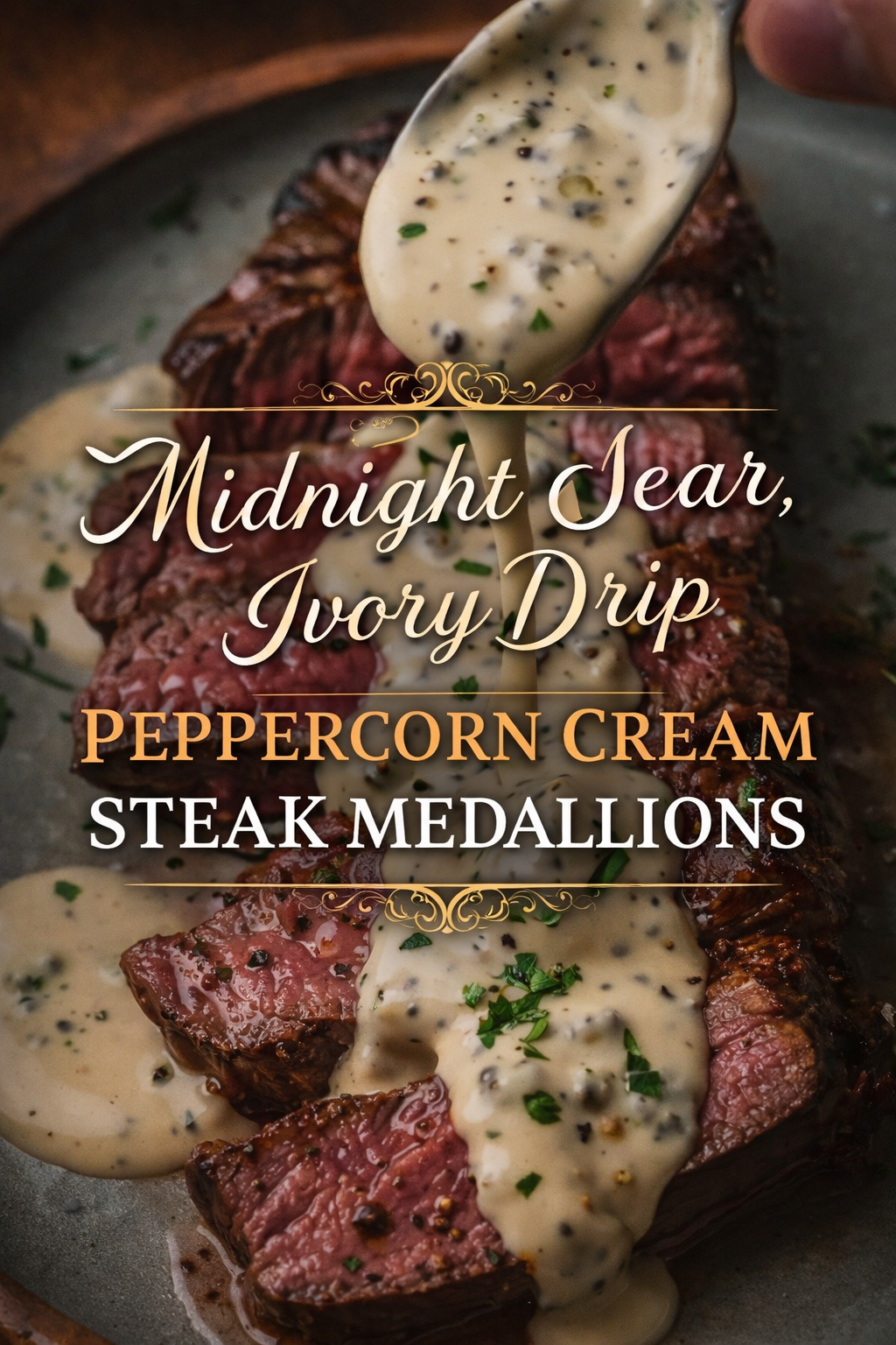 Midnight Sear, Ivory Drip: Peppercorn Cream Steak Medallions