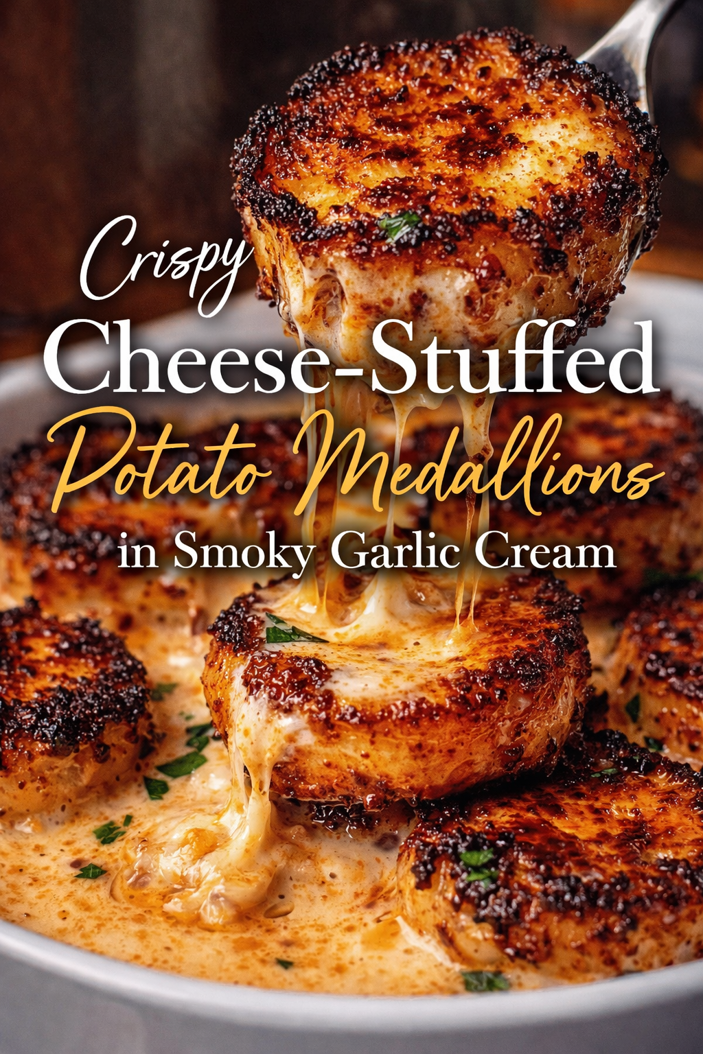 Crispy Cheese-Stuffed Potato Medallions in Smoky Garlic Cream