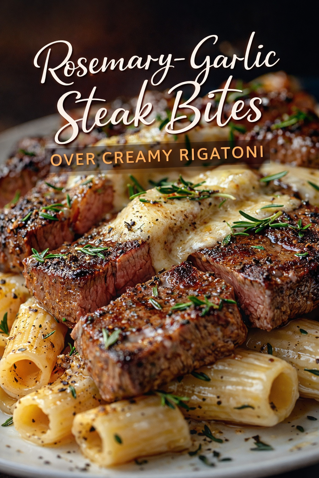 Rosemary-Garlic Steak Bites Over Creamy Rigatoni