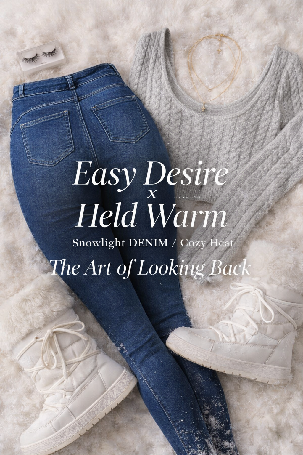 Aishah Sofey in Easy Desire x Held Warm: Snowlight Denim, Cozy Heat, and the Art of Looking Back