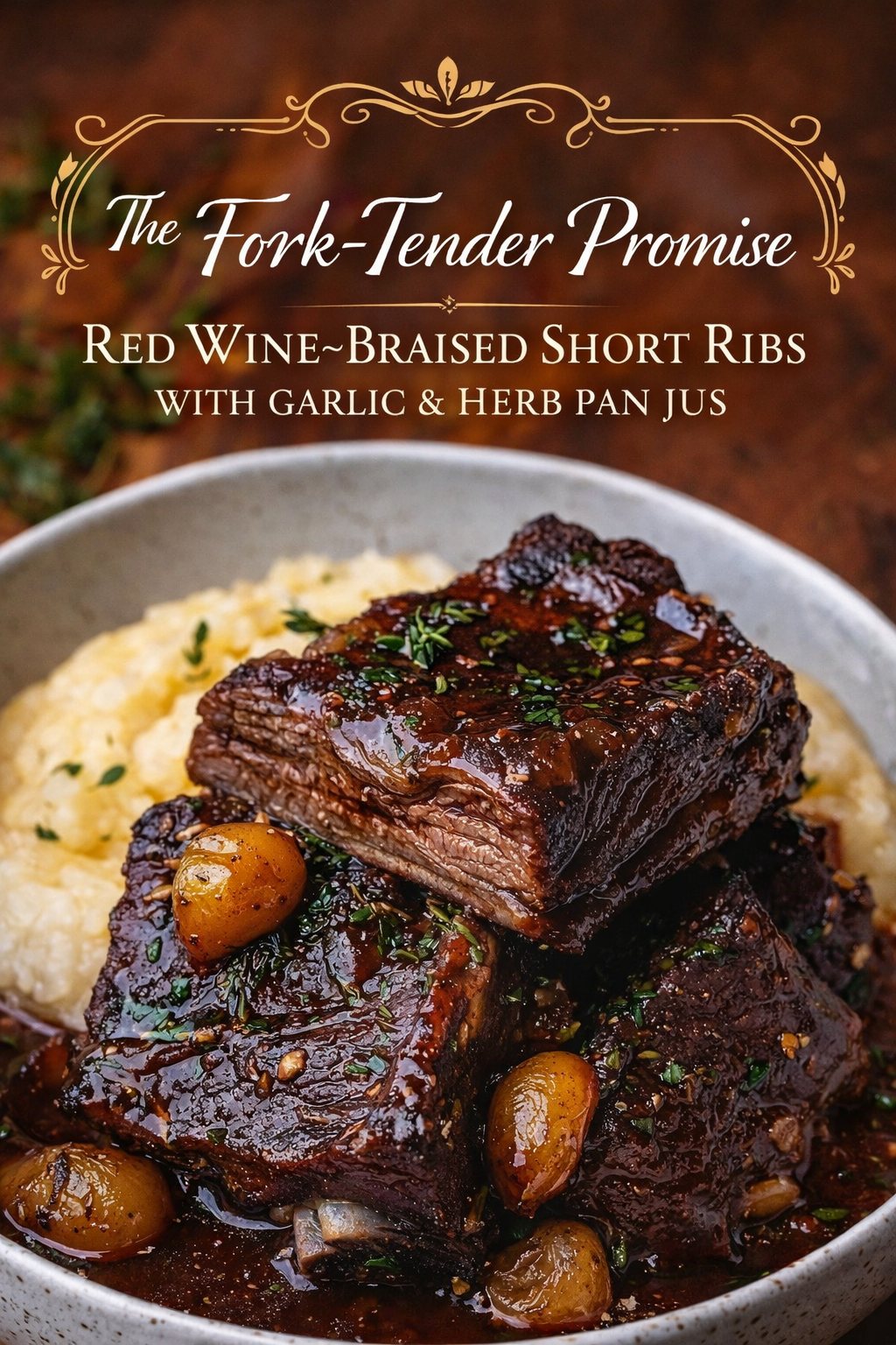 The Fork-Tender Promise: Red Wine–Braised Short Ribs with Garlic &amp; Herb Pan Jus