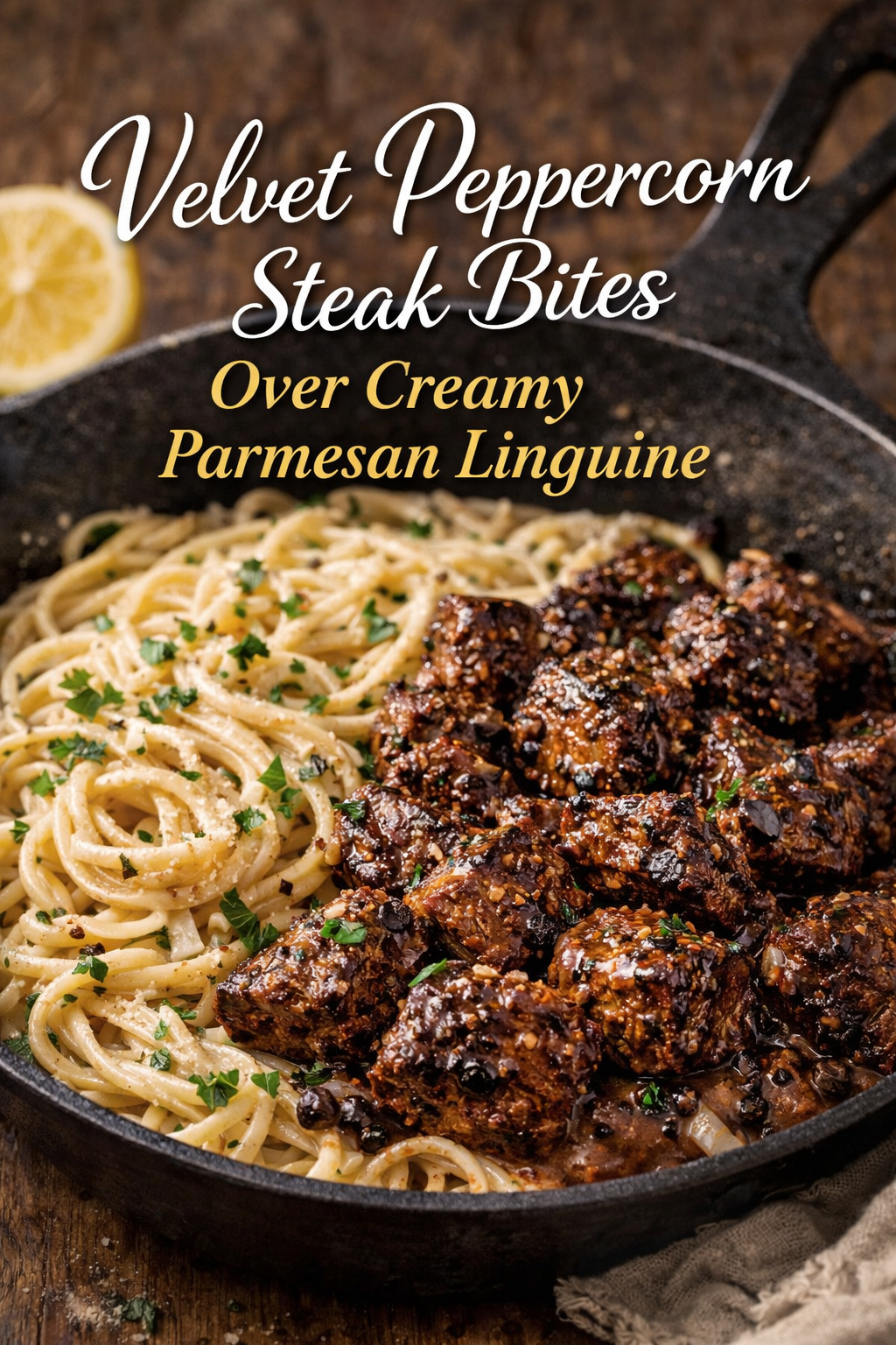 Velvet Peppercorn Steak Bites Over Creamy Parmesan Linguine