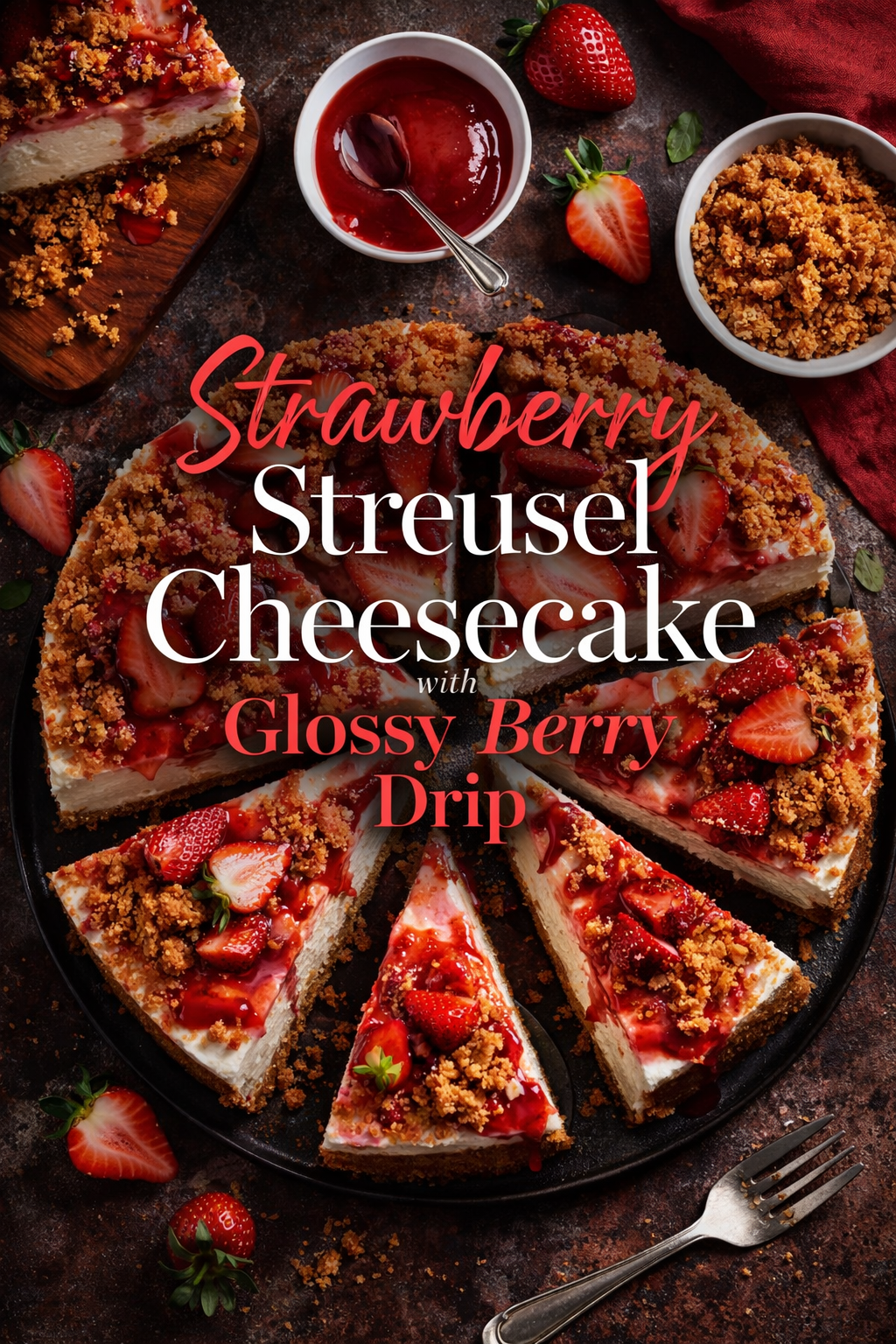 Strawberry Streusel Cheesecake with Glossy Berry Drip