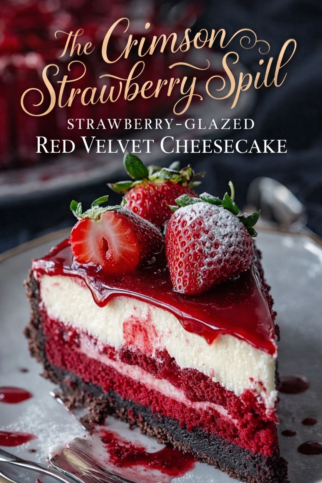 The Crimson Strawberry Spill: Strawberry-Glazed Red Velvet Cheesecake