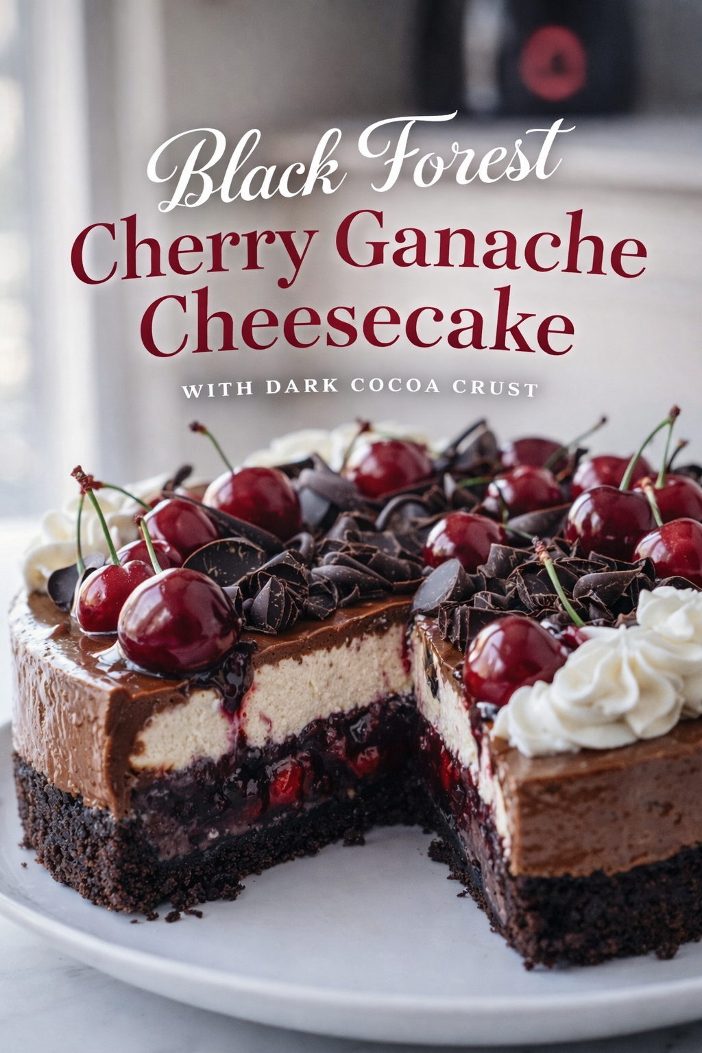 Black Forest Cherry Ganache Cheesecake with Dark Cocoa Crust