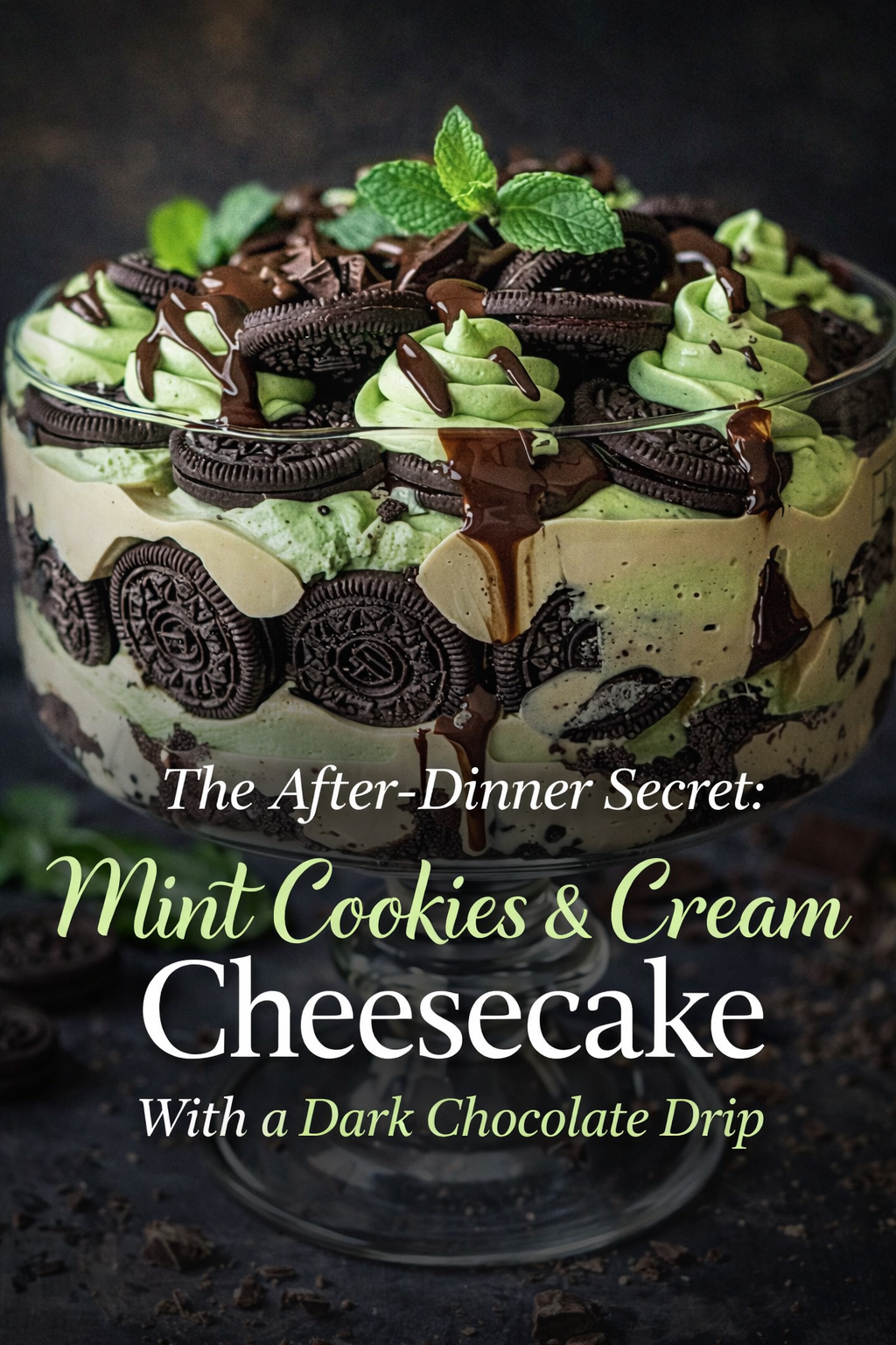 The After-Dinner Secret: Mint Cookies &amp; Cream Cheesecake With a Dark Chocolate Drip