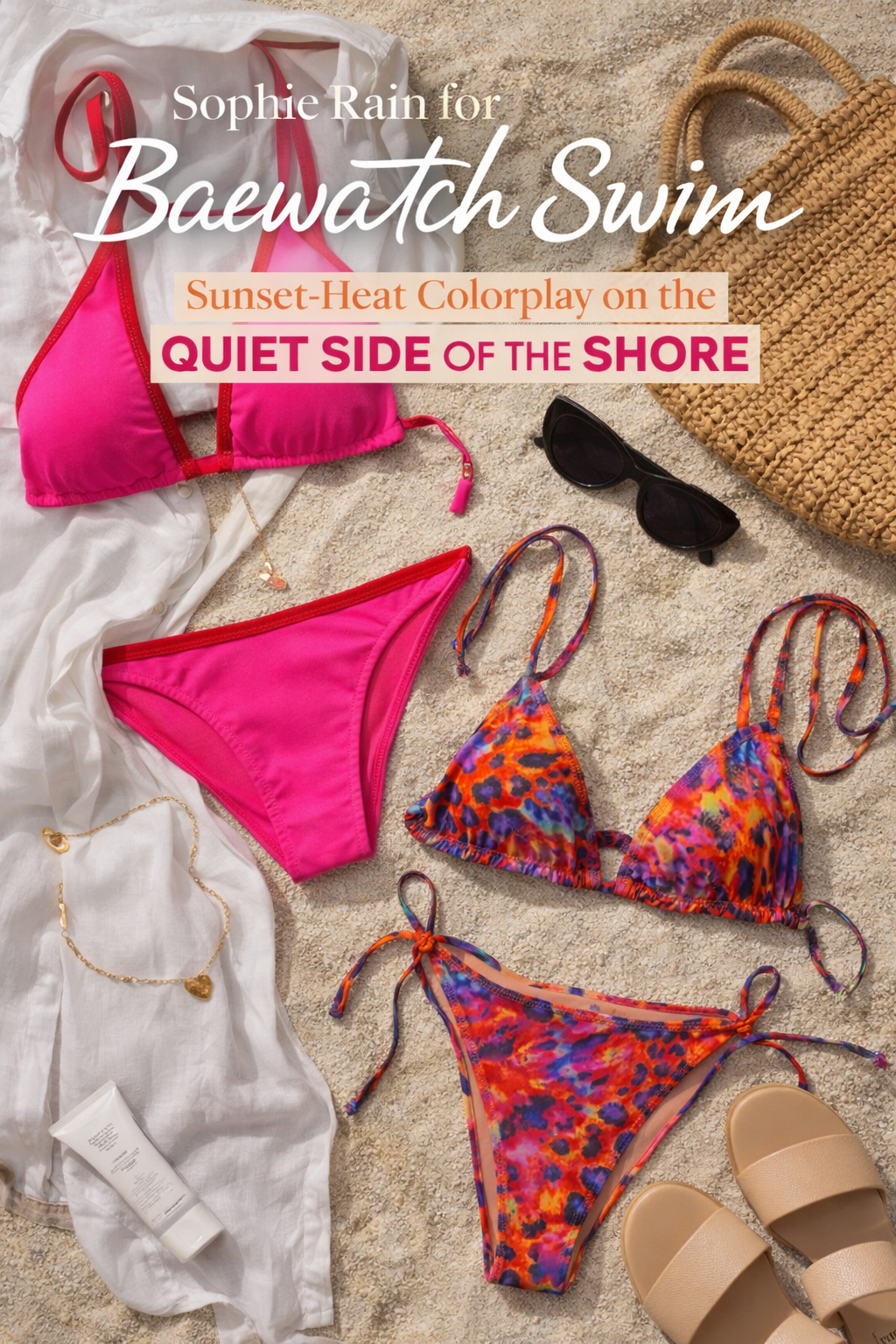 Sophie Rain for Baewatch Swim: Sunset-Heat Colorplay on the Quiet Side of the Shore