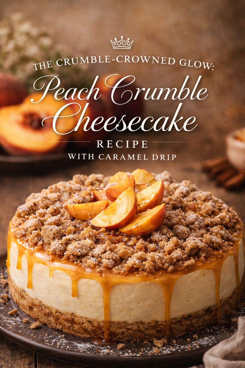The Crumble-Crowned Glow: Peach Crumble Cheesecake Recipe With Caramel Drip