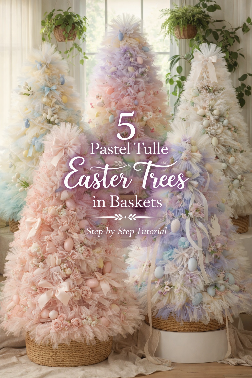 5 Pastel Tulle Easter Trees in Baskets — Step-by-Step Tutorial