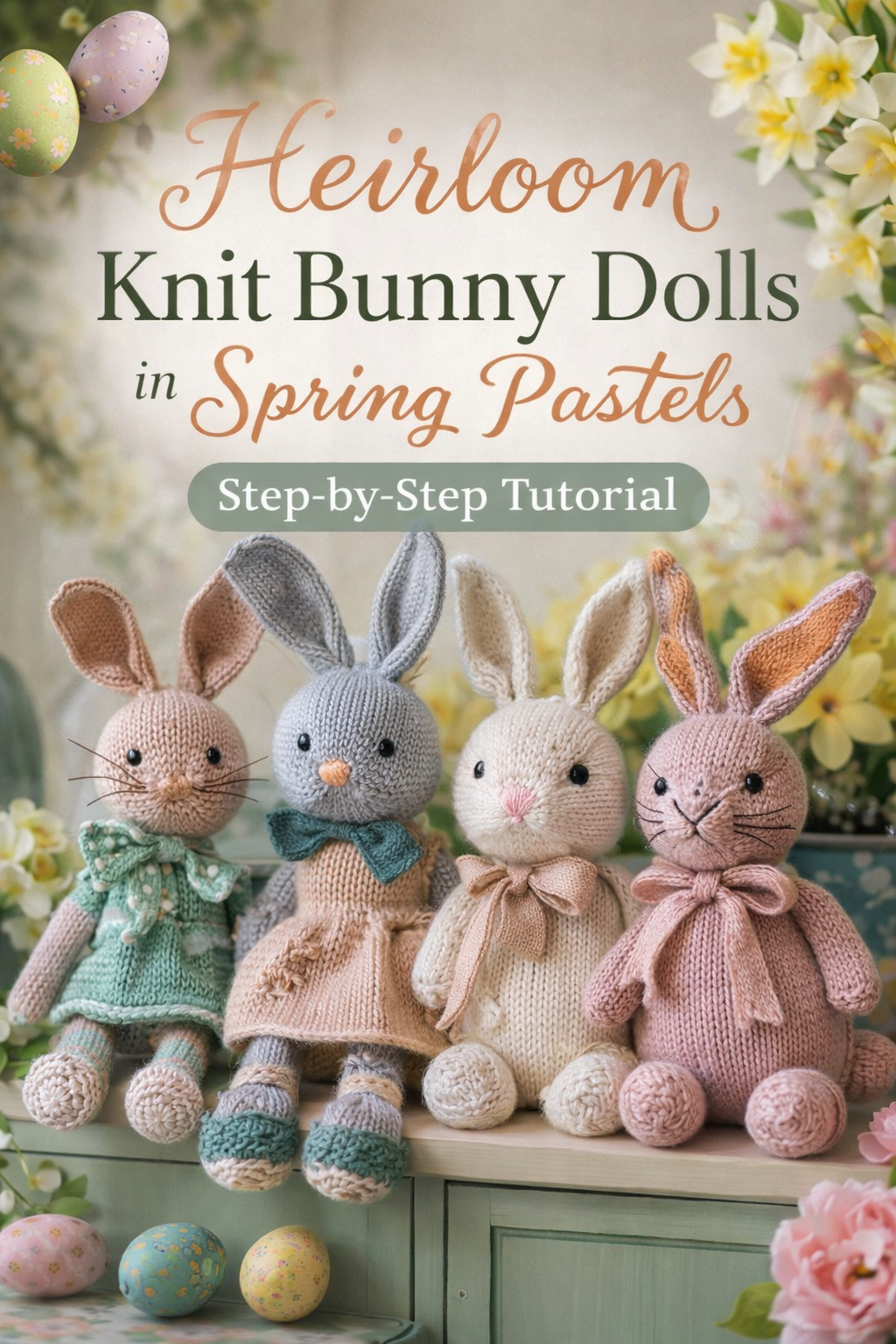 5 Heirloom Knit Bunny Dolls in Spring Pastels — Step-by-Step Tutorial