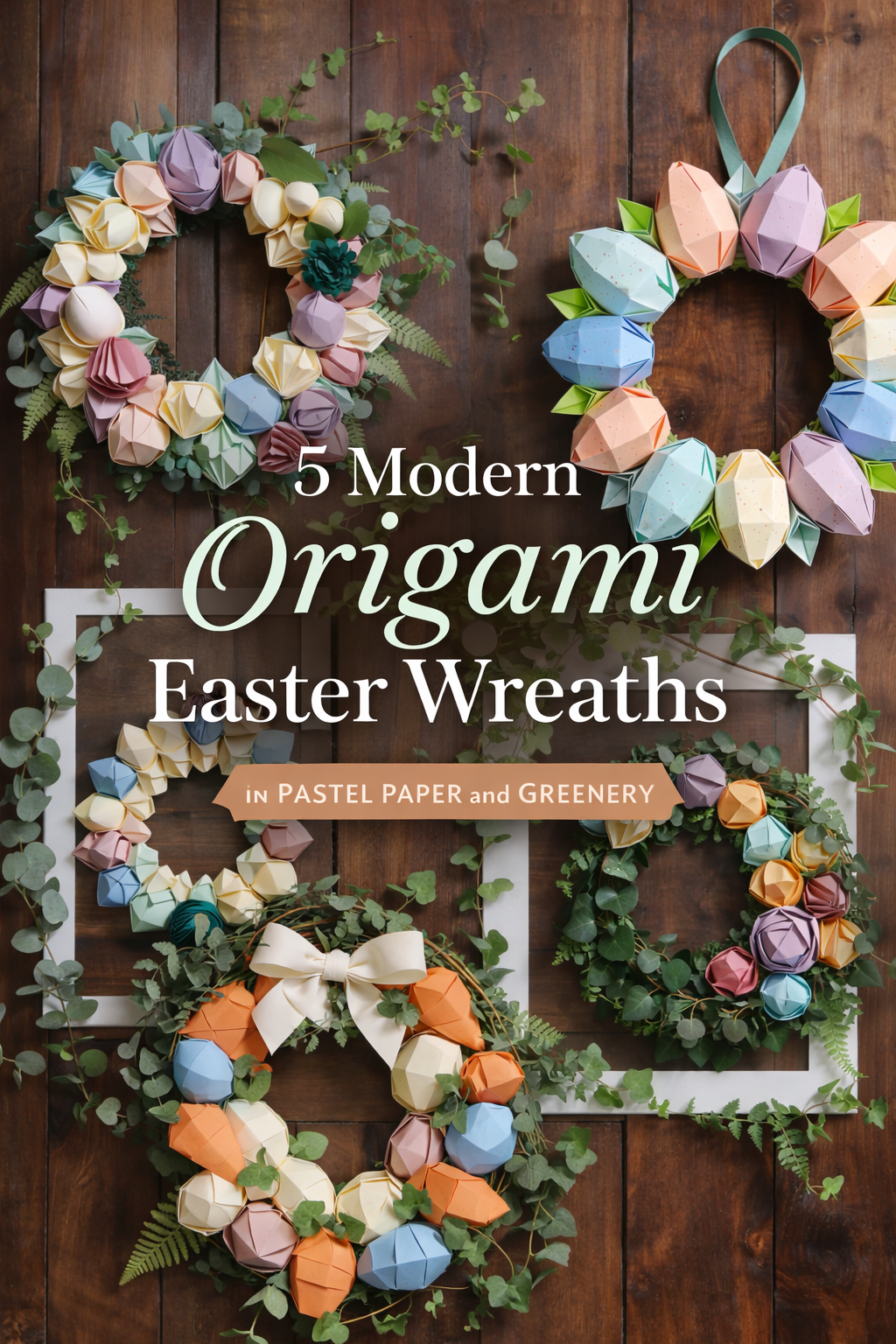 5 Modern Origami Easter Wreaths in Pastel Paper and Greenery Step-by-Step Tutorial