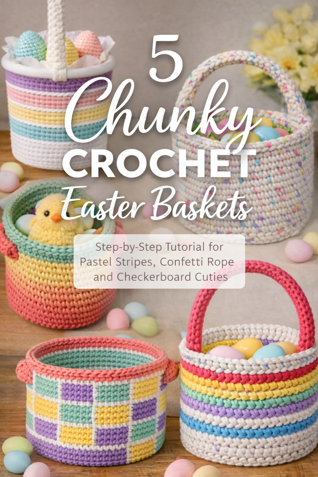 5 Chunky Crochet Easter Baskets Step-by-Step Tutorial for Pastel Stripes, Confetti Rope, and Checkerboard Cuties
