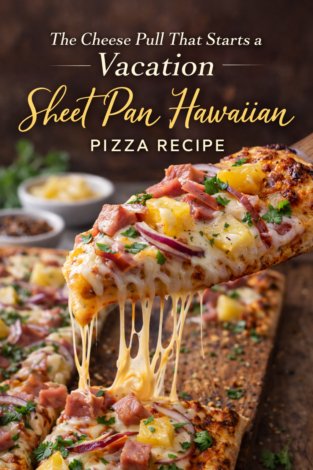 The Cheese Pull That Starts a Vacation Sheet Pan Hawaiian Pizza Recipe