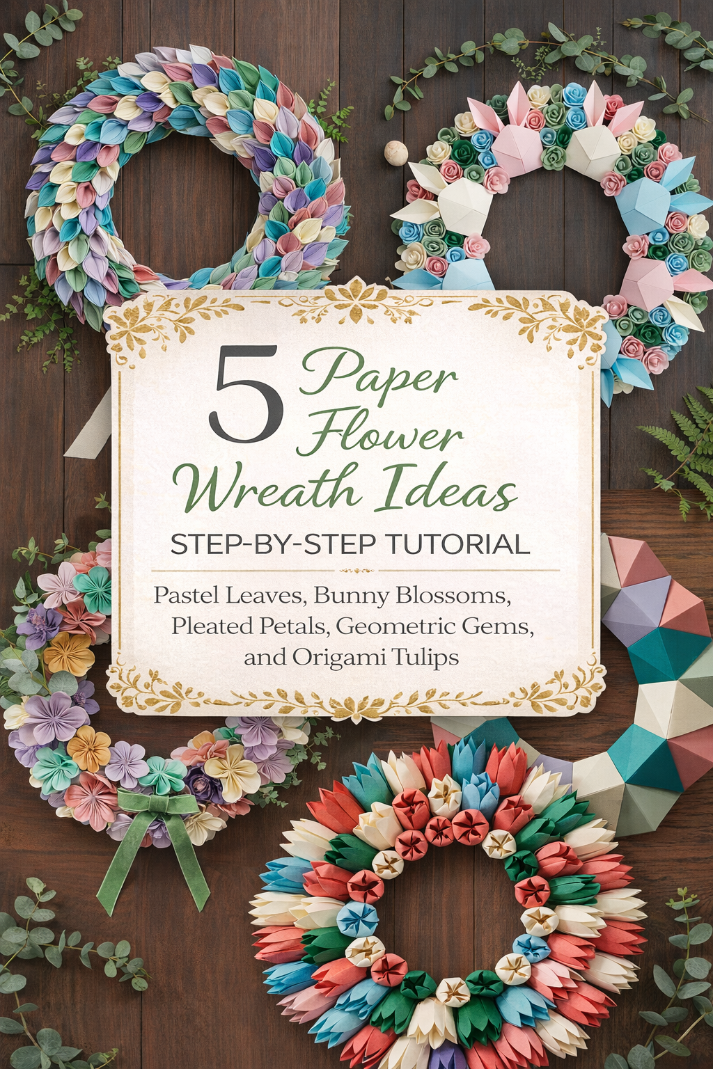 5 Paper Flower Wreath Ideas Step-by-Step Tutorial — Pastel Leaves, Bunny Blossoms, Pleated Petals, Geometric Gems, and Origami Tulips