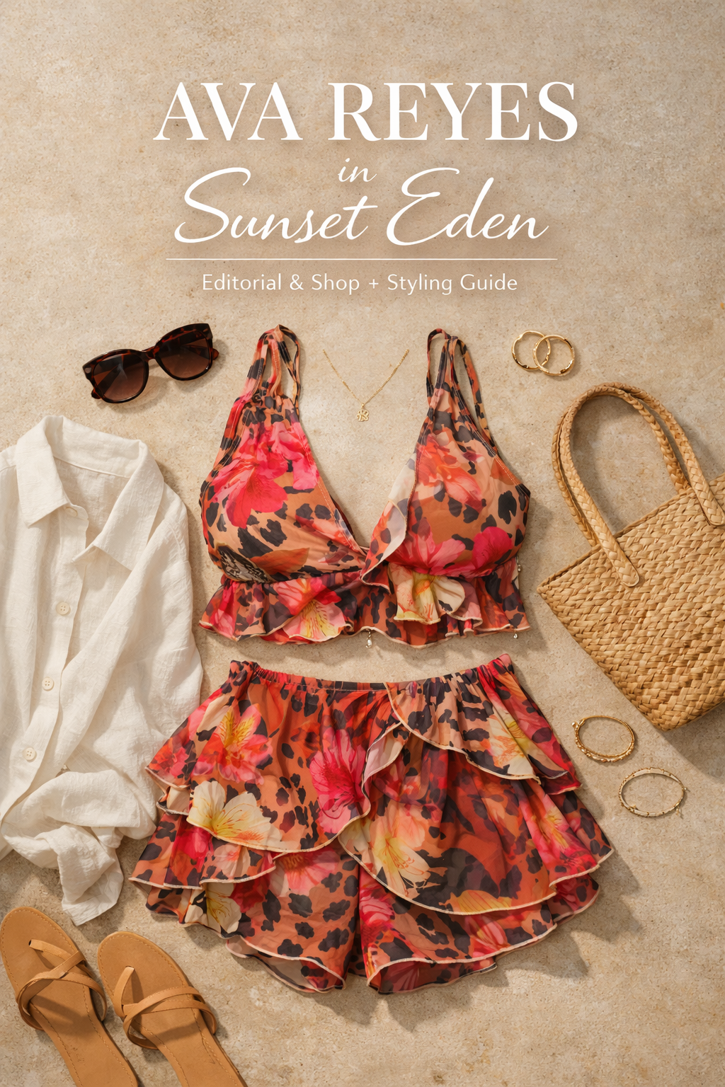 Ava Reyes in Sunset Eden: Tropical Heat and Ruffled Wildflower Drama (Editorial + Shop + Styling Guide)