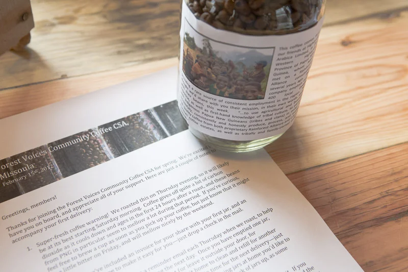 Roasted on Valentine's day and delivered February 15th: the very first jar of Forest Voices Community Coffee in Missoula. 