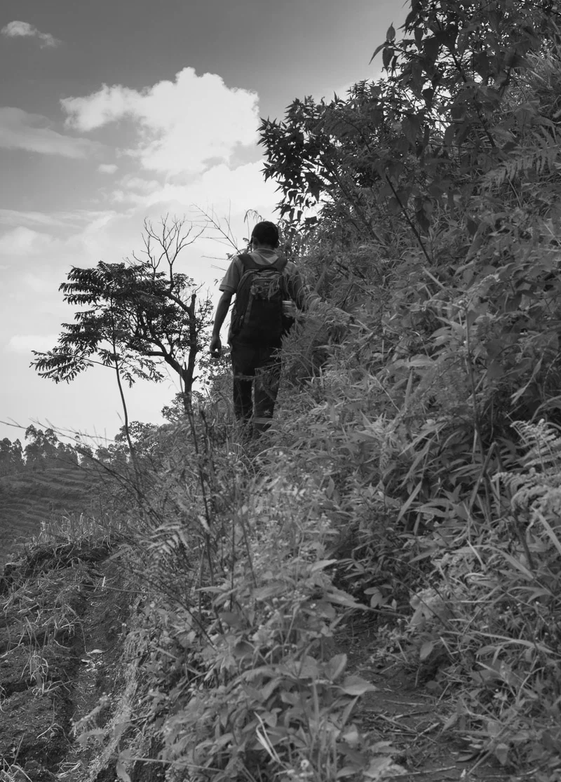 Las hikes along the mountain slopes above Panawuan village to survey coffee and crops.