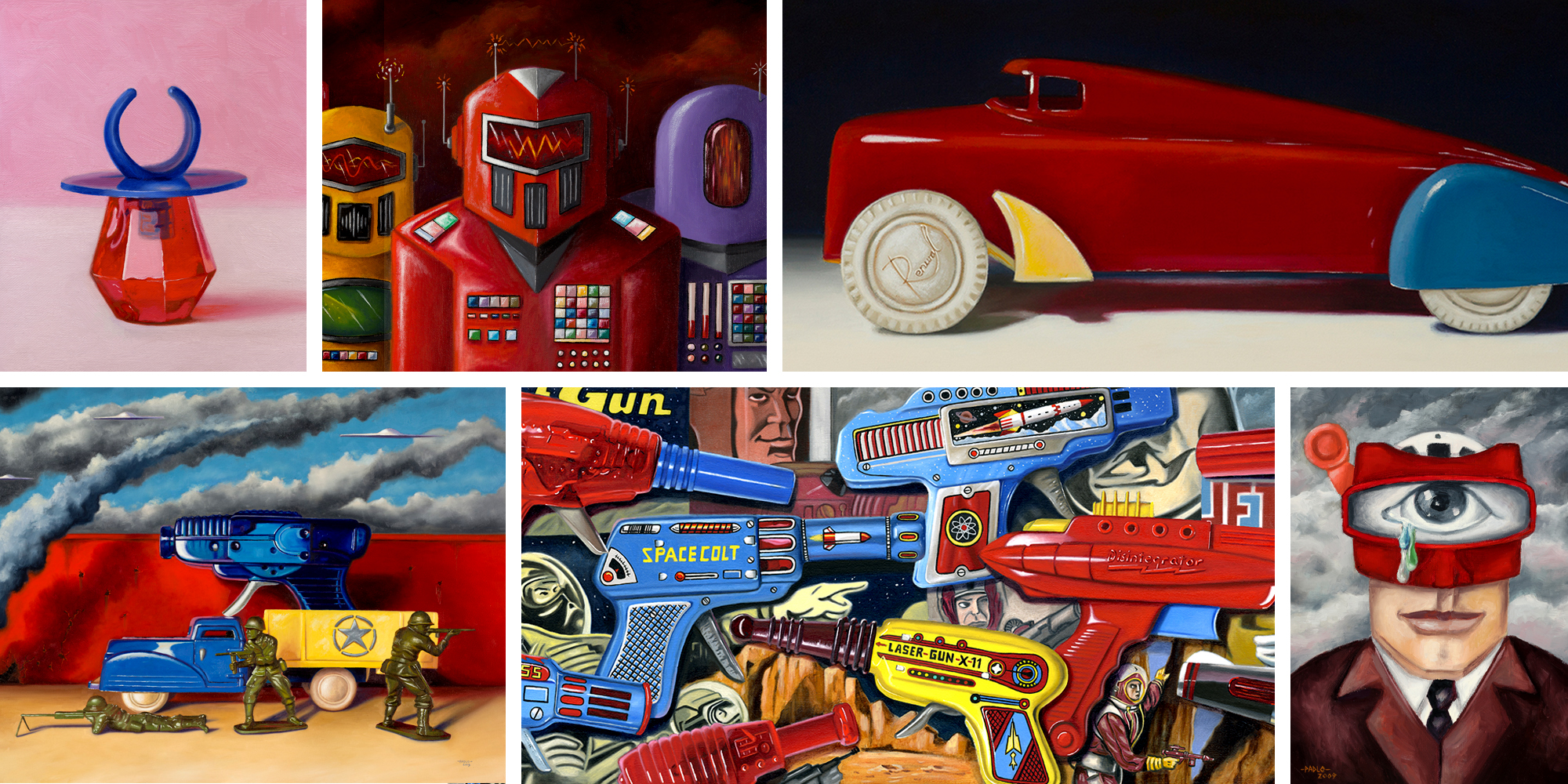 John Padlo S Juxtaposed Bright Oil Paintings Of Ufo Art Retro Robot Art Space Gun Art Pulp Art Vintage Candy Art And Vintage Toy Art