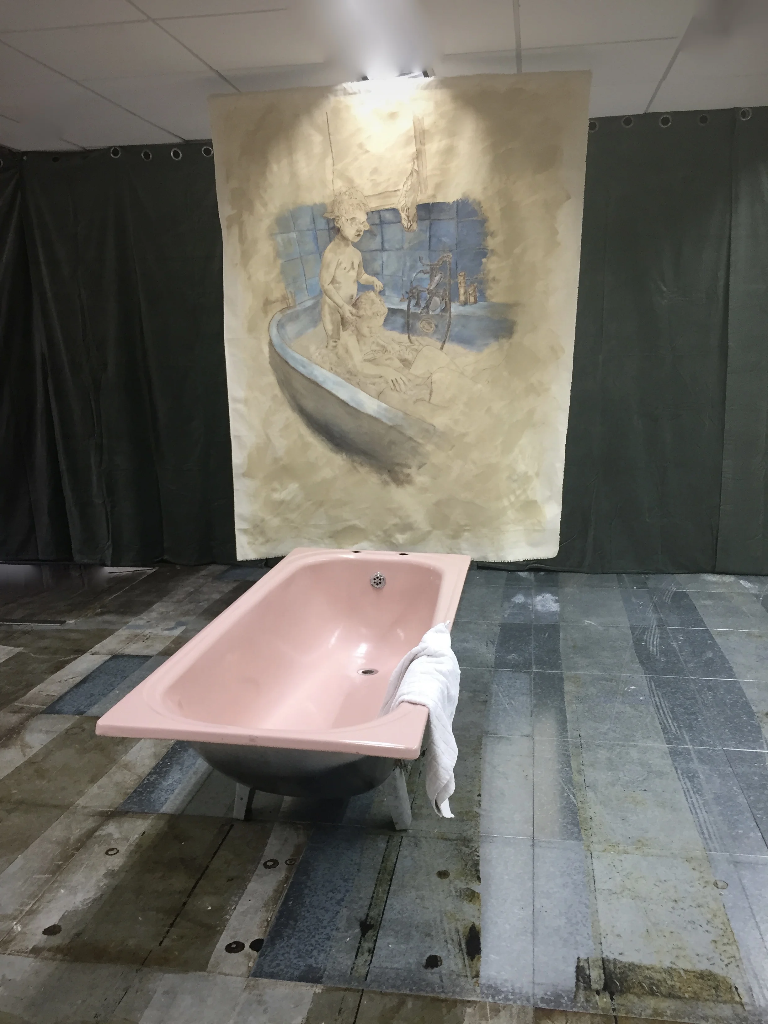 ‘Captain Goggles’ with found object. Charcoal, acrylic on canvas, aluminium bath, cotton towel. 170x130cm.