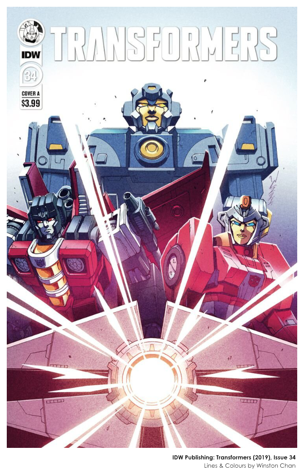  Illustrated cover for issue 34 of IDW Publishing’s Transformers (2019) series of books.   Drawn and coloured by Winston Chan. 