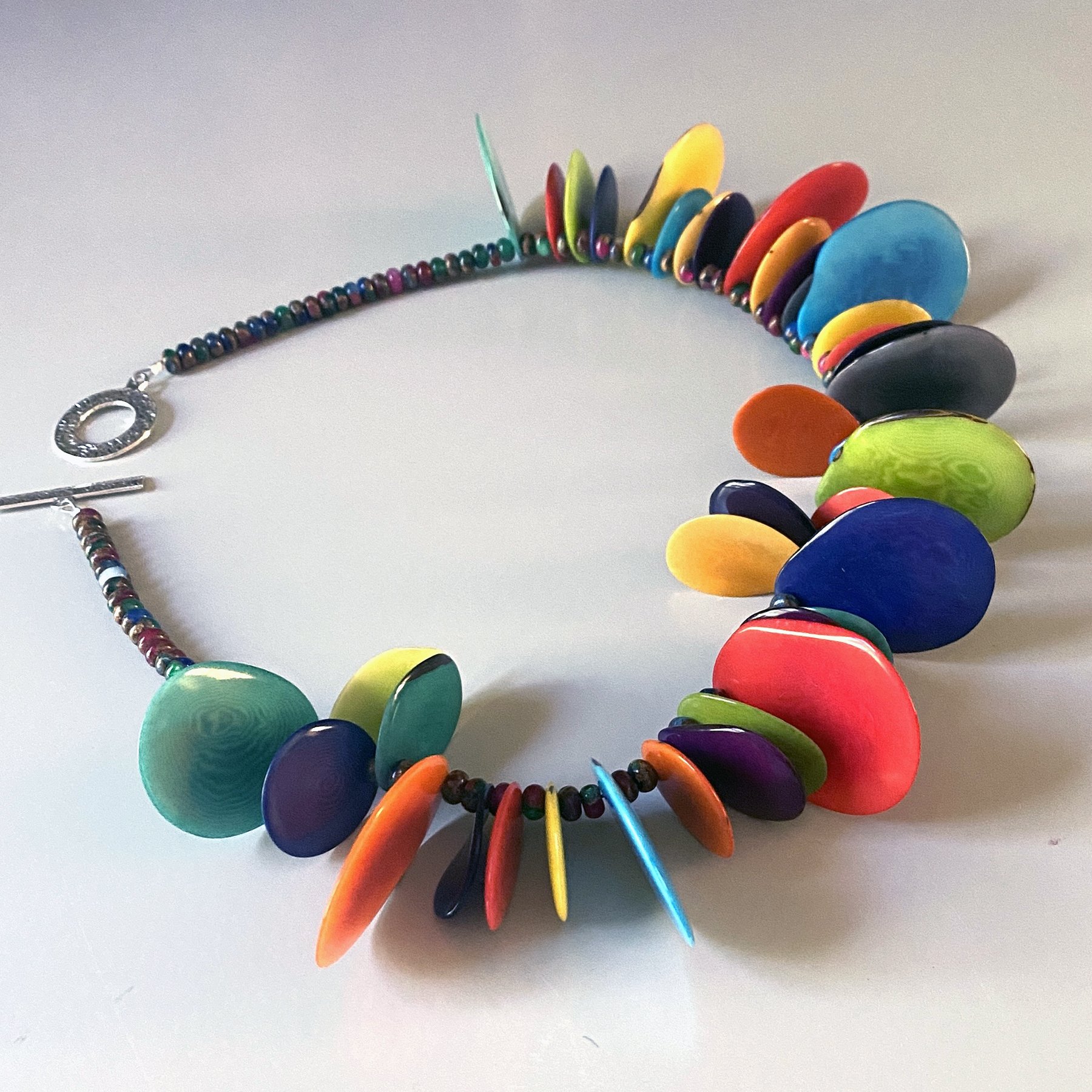 Dyed Tagua Nut Slices, Multi-Colored Resin Beads (Multi-colored) - 21.5  inches — Ventana Fine Art - Art Galleries Santa Fe NM - Contemporary Artist